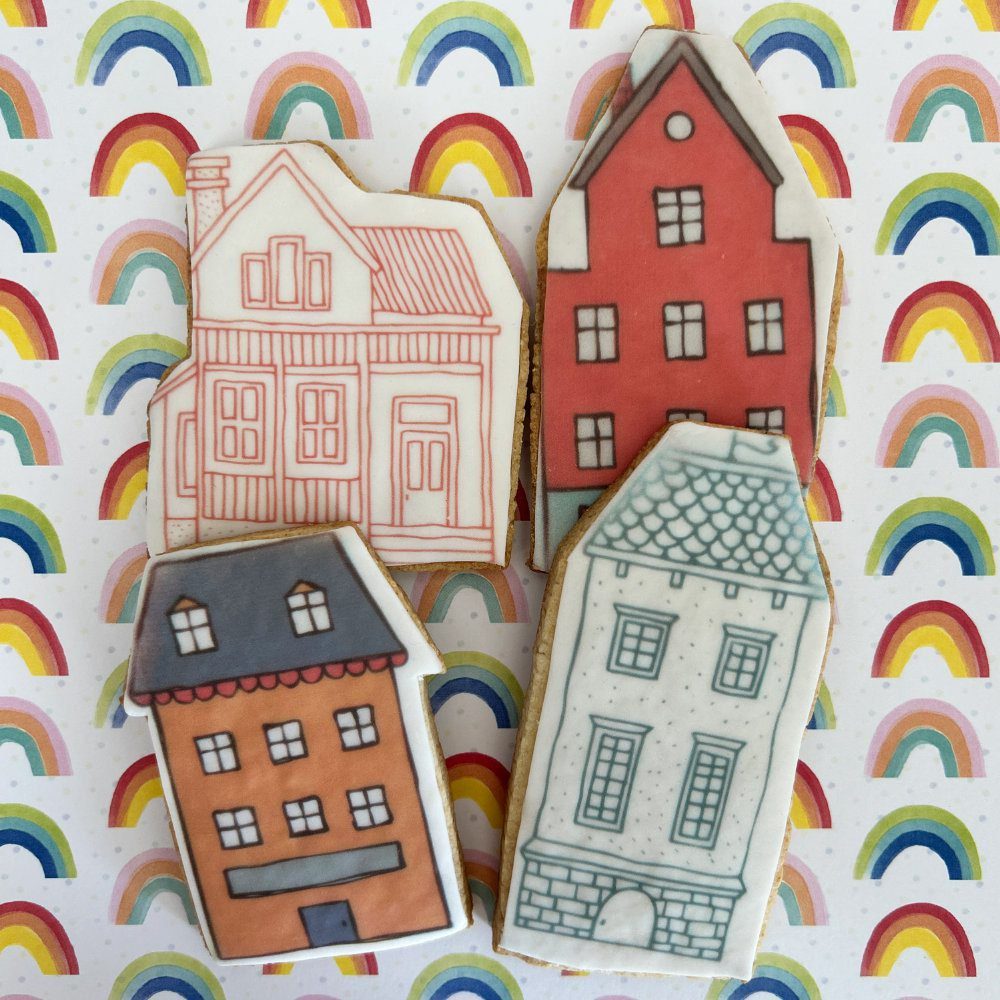 houses printed sugar cookies